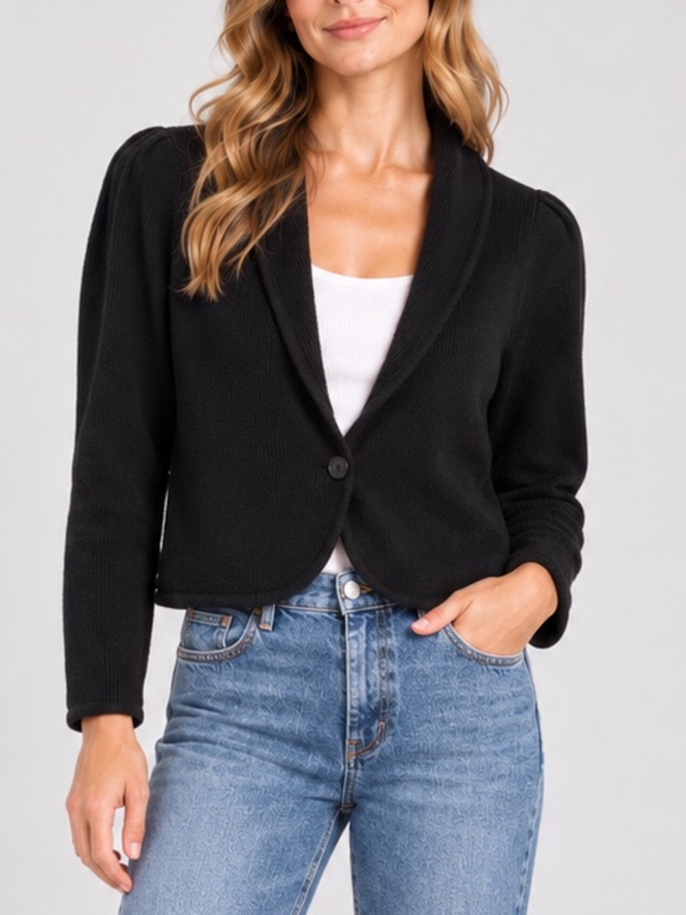 Vintage 90s Black Rib Knit Cropped Cardigan Puff Sleeve Cotton Large